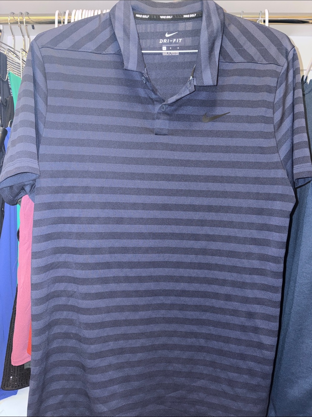 Nike Men's Navy and Dark Navy Striped Dri-FIT Polo